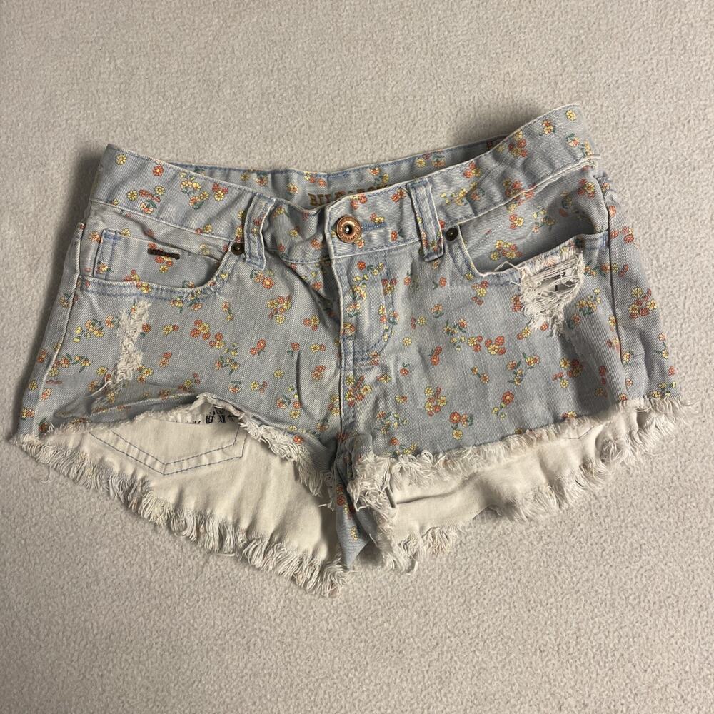 Billabong Lovin Life Floral Denim Cutoff Shorts Size 1 Low Rise Distressed
